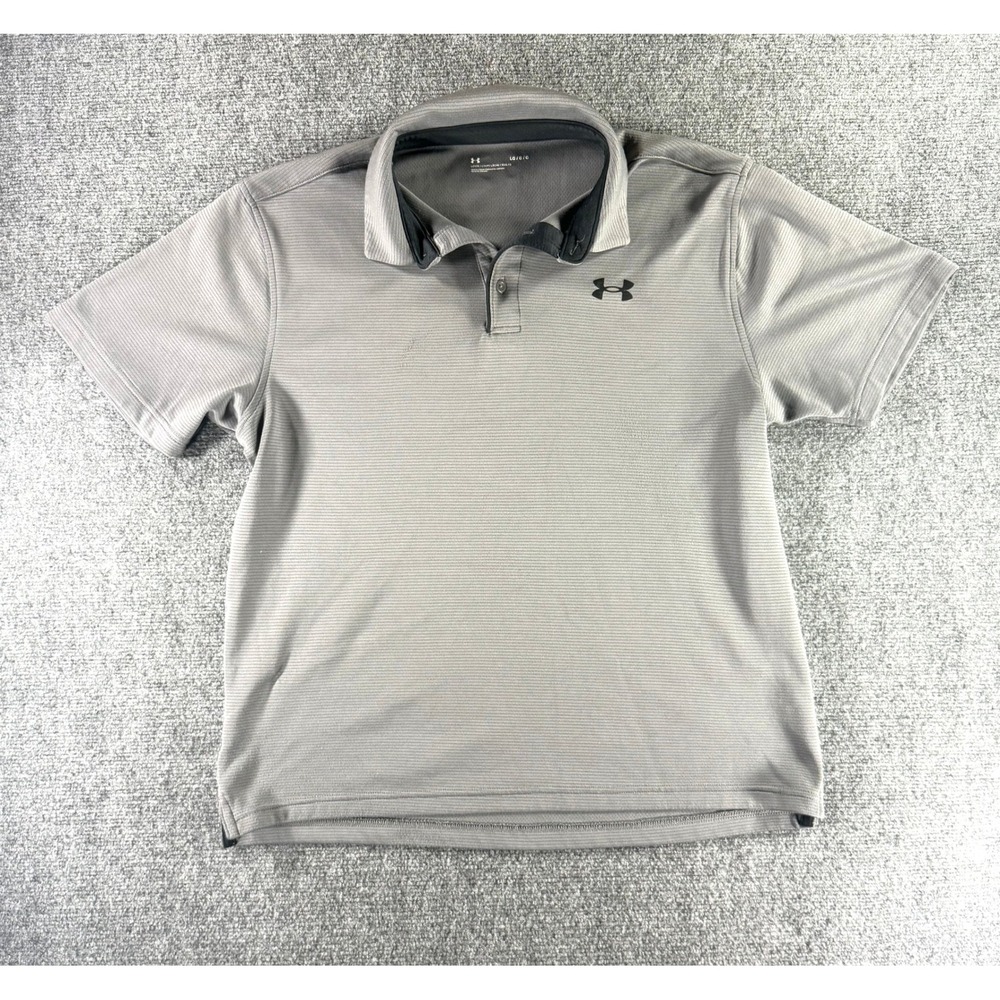 Under Armour‎ Mens Gray Striped HeatGear Short Sleeve Golf Polo Shirt Size Large